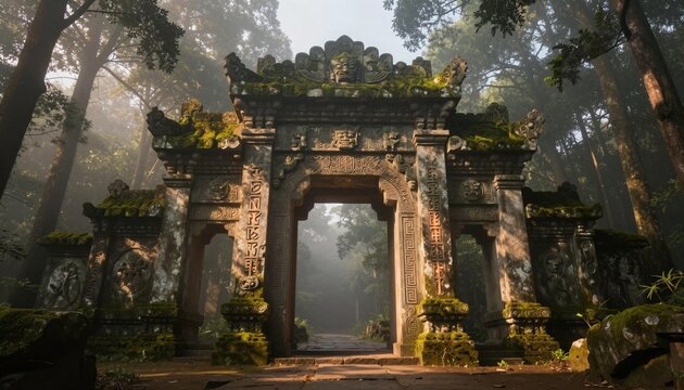 Moss-covered ancient stone temple gate with carved archway in a misty forest, sunlight filtering through trees onto a stone path
