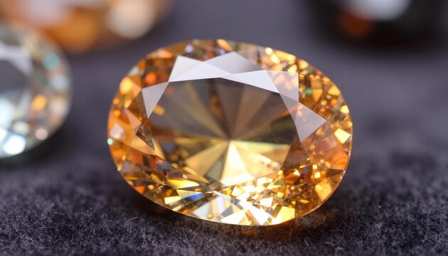 Close-up of a faceted oval yellow-orange gemstone resting on a dark surface