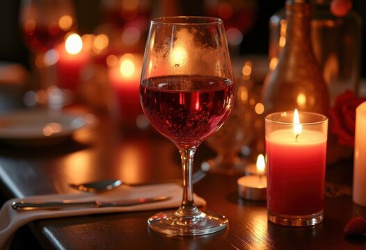 Rich Red Wine Crystal Glass Candlelit Dinner Romantic Evening Dinnerware