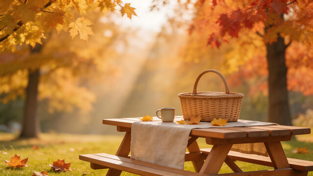 Autumn picnic setup on wooden table