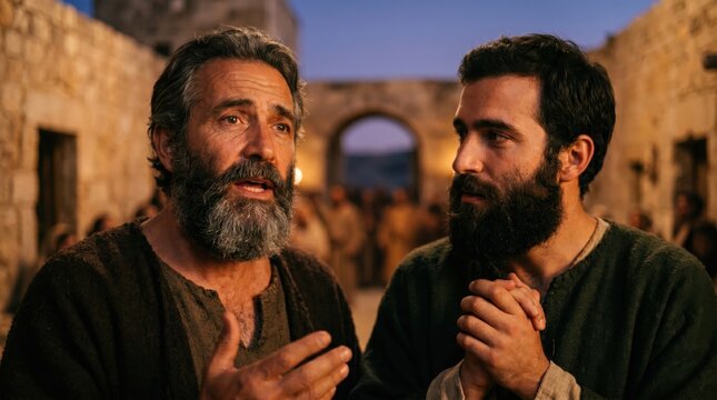 Apostle Peter and John sharing testimony with believers after interrogation by authorities. Biblical scene from Acts 4 depicting apostles recounting their faith. Religious historical narrative.