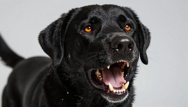 Close-up studio portrait of a black Labrador with mouth open showing teeth, amber eyes, wet glossy coat and visible drool