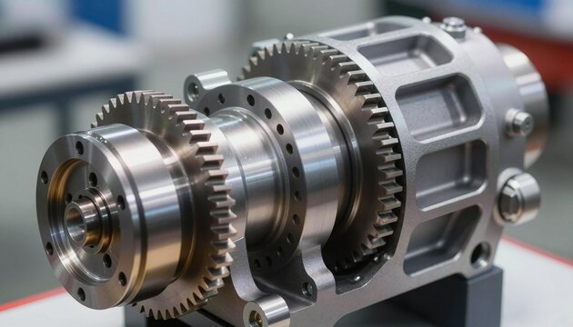 Polished metallic gearbox assembly with precision-machined spur gears
