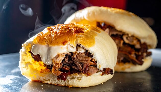 Glistening golden brown barbecued pork buns filled with tender shredded meat ready to be devoured