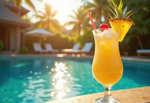 Tropical Resort Pool Pina Colada Garnished with Fresh Pineapple Slice Vibrant Scene