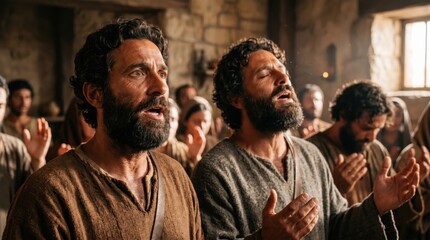 Fototapeta premium Peter and John praying with believers after release. Apostles and disciples gathered in room praising God. Biblical scene representing faith, courage, unity and early church life.