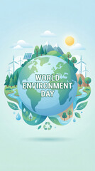 Naklejka premium World Environment Day Illustration Template Featuring Sustainable Planet with Renewable Energy, Nature and Recycling, Eco Awareness Poster Header Background, Vertical bg