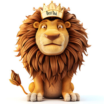 Father's Day concept. Cute lion wearing gold crown with Best Dad text isolated on white