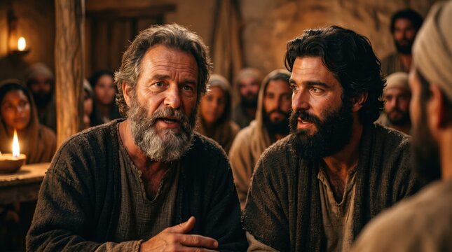 Apostle Peter and John speaking to early Christian believers. Biblical scene of disciples sharing testimony after trial. Historical narrative of Acts chapter four with religious gathering.