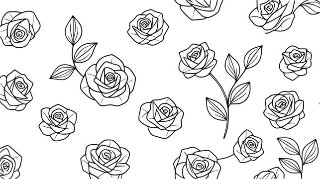 Seamless black and white line art illustration of blooming roses and leaves, classic floral pattern for decorative design and textile applications