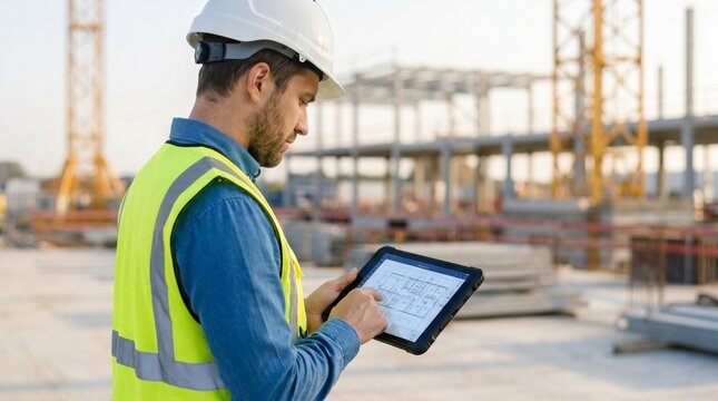 Construction engineer wearing hard hat and safety vest using a digital tablet on site.