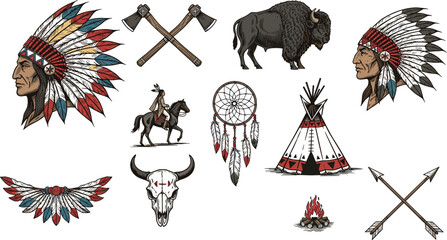 Native American Culture Illustration Set with Traditional Headdress, Teepee, Dreamcatcher, Buffalo, Warrior, and Tribal Symbols for Heritage Design, History Projects, and Ethnic Art Collection. © MstSuborna