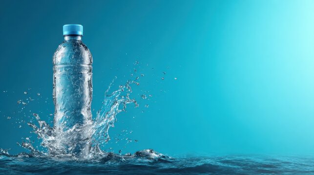 A refreshing bottle of water with water splash against a blue background, perfect for refreshment, hydration, and well-being.
