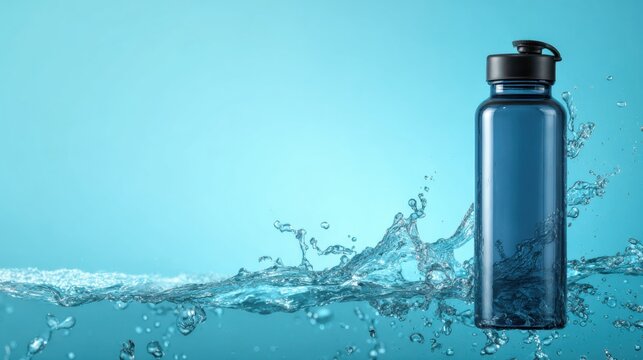 A blue water bottle sits atop water, creating an artistic representation of staying hydrated