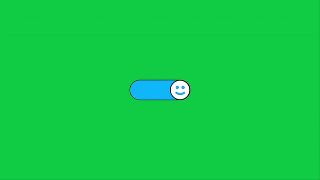 A blue horizontal toggle switch with a sad and smiley face icon, set against a vibrant green background, indicating an 'on' state.