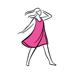 Logotipo de boutique de moda femenina. Dibujo minimalista con líneas de una chica andando con un vestido de color rosa  © teracreonte