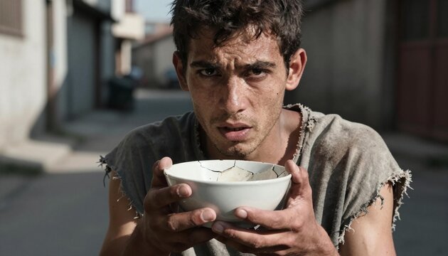 Young man in tattered clothes holds a cracked bowl with a pleading expression in an urban alley, dirt-smudged face conveying hunger, desperation and raw emotion