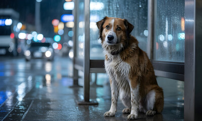 Naklejka premium Perro abandonado sentado solo en una parada de autobús bajo la lluvia en una ciudad de noche