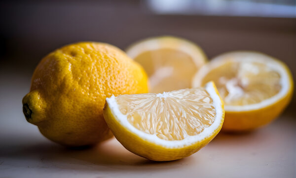 Limones amarillos frescos enteros y en rodajas con enfoque selectivo en un gajo