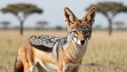 Fototapeta premium Alert black-backed jackal standing in African savanna with acacia trees and soft blurred background
