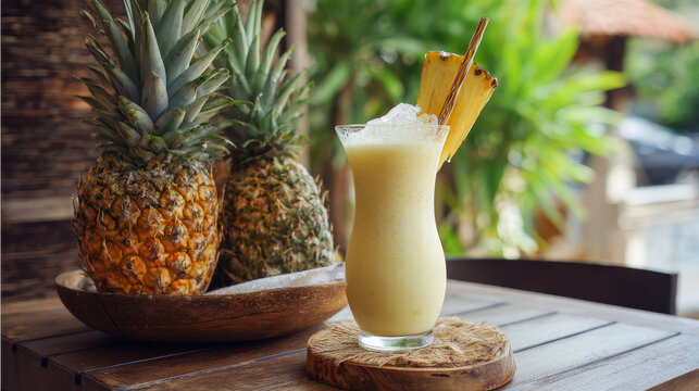 Fresh prepared pineapple shake with ice cubes in local restaurant on Tioman island. Traditional malaysian cuisine made of fresh ingredients.