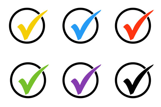 6 schwarze Kreise mit H&auml;kchen Symbol in bunten Farben
