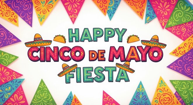 Happy cinco de mayo fiesta celebration with colorful triangular flags