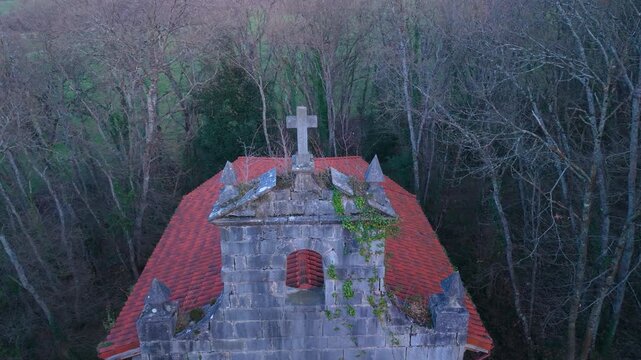 Aerial view from a drone of the Hermitage of Santa Mar&iacute;a Egipciaca in Anzo, in the Mena Valley. Merindades region. Burgos. Castile and Le&oacute;n. Spain. Europe