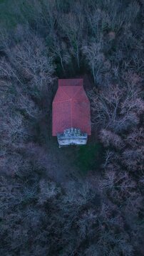 Aerial view from a drone of the Hermitage of Santa Mar&iacute;a Egipciaca in Anzo, in the Mena Valley. Merindades region. Burgos. Castile and Le&oacute;n. Spain. Europe