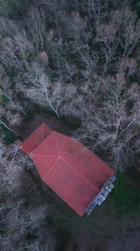 Aerial view from a drone of the Hermitage of Santa Mar&iacute;a Egipciaca in Anzo, in the Mena Valley. Merindades region. Burgos. Castile and Le&oacute;n. Spain. Europe