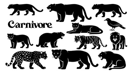 Fototapeta premium Carnivore Animal Silhouette Icon Set Wild Predator Vector Collection for Logo, UI and Wildlife Design