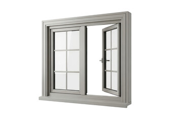 Obraz premium A modern grey window frame with a multi-pane design featuring one panel open for ventilation PNG isolated on transparent background