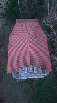 Aerial view from a drone of the Hermitage of Santa Mar&iacute;a Egipciaca in Anzo, in the Mena Valley. Merindades region. Burgos. Castile and Le&oacute;n. Spain. Europe