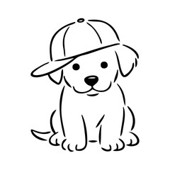 Logotipo con dibujo minimalista con líneas de un adorable  cachorro de perro sentado con una gorra  © teracreonte