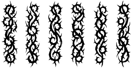 Six ornate tribal thorny vine tattoo designs in black and white offering intricate detail © SaiKir