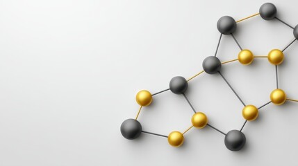 Obraz premium Abstract molecular structure illustration with black and gold spheres connected by lines on a minimalist background for science and technology concepts