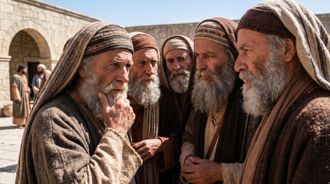 Apostle Peter and John discussing with priests and sadducees in Jerusalem temple courtyard. Biblical recreation of ancient middle eastern gathering after religious interrogation. Faith.