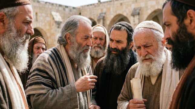 Apostle Peter and John speaking with Jewish priests and Sadducees. Biblical scene from Acts of the Apostles. Group of men in ancient Middle Eastern historical clothing debating faith.