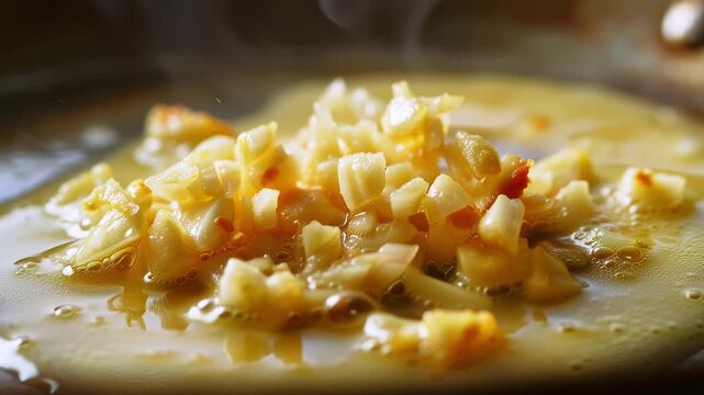 Chopped garlic sizzling in melted butter on a hot pan with soft kitchen blur, close-up of sauteing process. Concept of aromatic home cooking