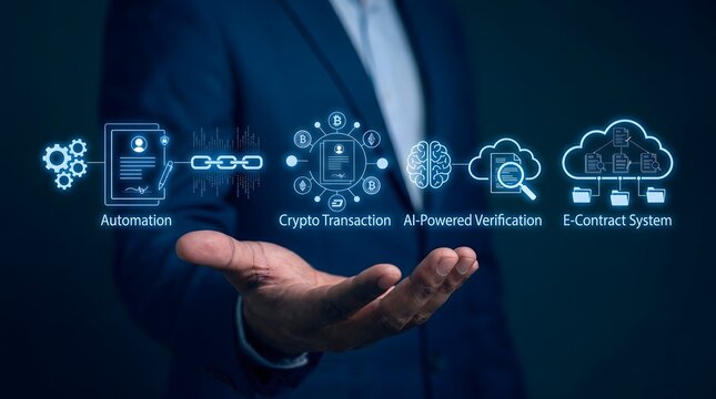 Businessman holding a glowing digital interface showcasing automated financial processes and advanced crypto transaction technology systems.