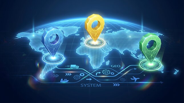 World map featuring glowing location markers illustrates the integrated nature of global logistics and modern digital tracking systems.