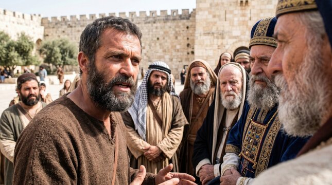 Apostle Peter speaking to a group of Jewish priests and Sadducees. Biblical scene from Acts of the Apostles. Religious confrontation, teaching and faith in ancient Jerusalem history.