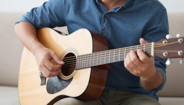 Man playing an acoustic guitar on a couch, close-up of hands and torso as he strums and frets