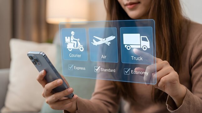 Woman selects logistics delivery options on a transparent digital screen while using her smartphone in a comfortable home setting.
