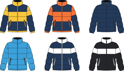 Colorful Puffer Jacket Collection Featuring Yellow, Orange, Blue, and Black Jackets for Winter Fashion, Outerwear, and Style Designs. © Vector Design Hub