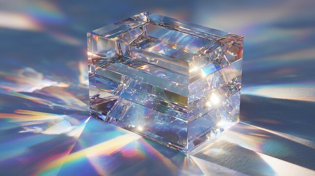 Clear crystalline block casting colorful reflections in a softly illuminated serene environment