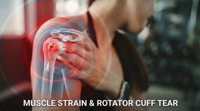 Athlete touches her painful shoulder while a medical holographic overlay illustrates a severe rotator cuff tear and muscle strain.