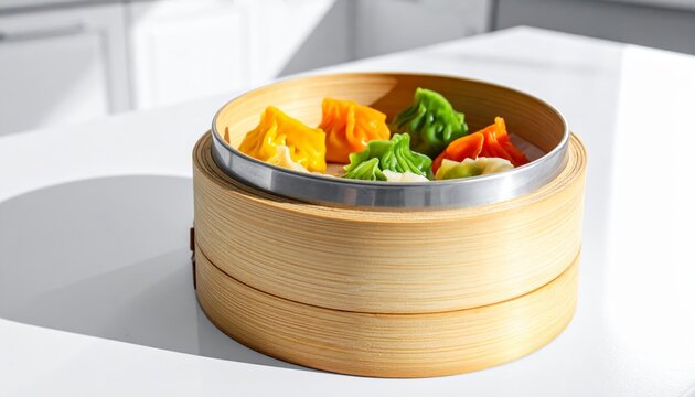 Assortment of colorful steamed vegetable dumplings served in a bamboo steamer basket showcasing fresh ingredients