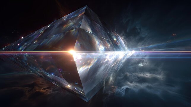 Large crystal prism in cosmic background with radiant light and swirling nebulous clouds