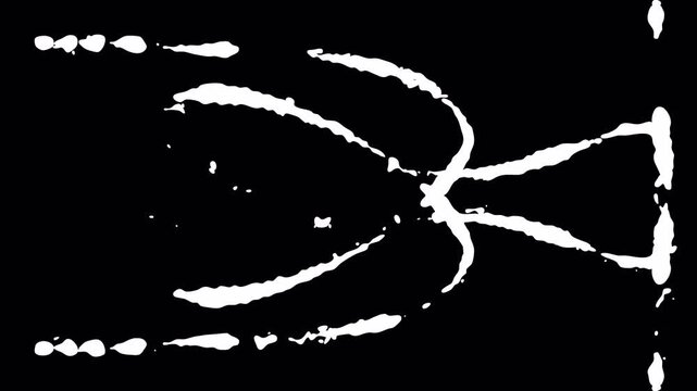 Abstract white shapes float against a stark black background